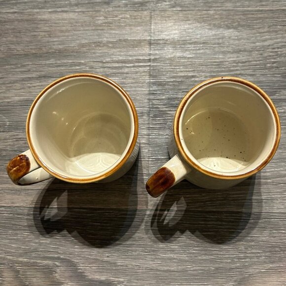 Vintage 2 NORLEANS Stoneware Speckled Mugs Hand Painted Yellow Flower Lemon 70's - Picture 5 of 8